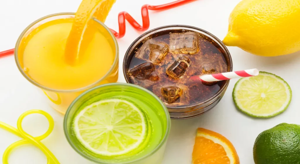 high-angle-glasses-with-soft-drink-fruit-juice-with-straws